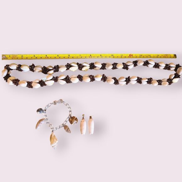 Set of 3 Shell Beaded Necklace Bracelet Earrings Beach Boho 32" - Picture 3 of 3